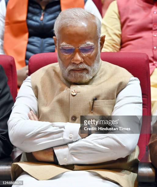 Prime Minister Narendra Modi during the BJP Parliamentary Party Meeting for the Union Budget 2023-24, at Parliament House, on February 7, 2023 in New...