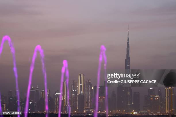 View shows Burj Khalifa, the worlds tallest building, during sunset in Dubai on February 7, 2023.