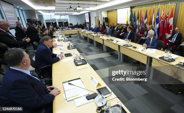 Justin Trudeau, Canada's prime minister, third right, during a meeting in Ottawa, Ontario, Canada, on Tuesday, Feb. 7, 2023. Prime Minister Trudeau...