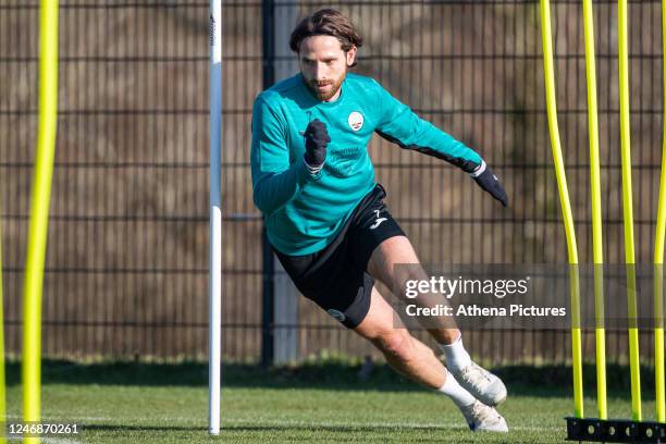 Joe Allen runs of Swansea City AFC during a training session at Fairwood Training Ground on February 07, 2023 in Swansea, Wales.