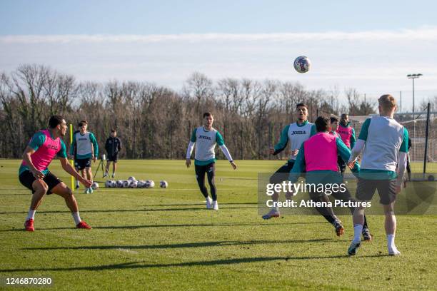 The players practice of Swansea City AFC during a training session at Fairwood Training Ground on February 07, 2023 in Swansea, Wales.