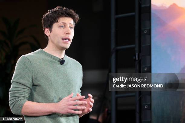 OpenAI CEO Sam Altman speaks during a keynote address announcing ChatGPT integration for Bing at Microsoft in Redmond, Washington, on February 7,...