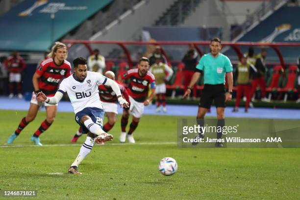 Salem Al-Dawsari of Al Hilal scores a goal to make it 1-2 during the FIFA Club World Cup Morocco 2022 Semi Final match between Flamengo v Al Hilal...