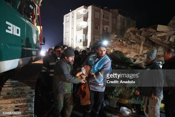 Year old Ilhan Gunes is being rescued under the rubble of collapsed building in Antakya district of Hatay after 42 hours of 7.7 and 7.6 magnitude...