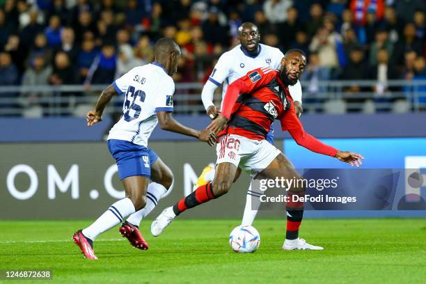 Saud Abdulhamid und Gerson of Flamengo battle for the ball during the FIFA Club World Cup Morocco 2022 Semi Final match between Flamengo and Al Hilal...