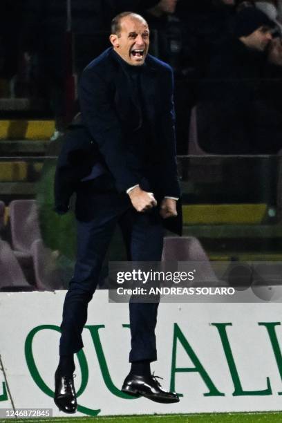 Juventus' Italian coach Massimiliano Allegri reacts during the Italian Serie A football match between Salernitana and Juventus on February 7, 2023 at...