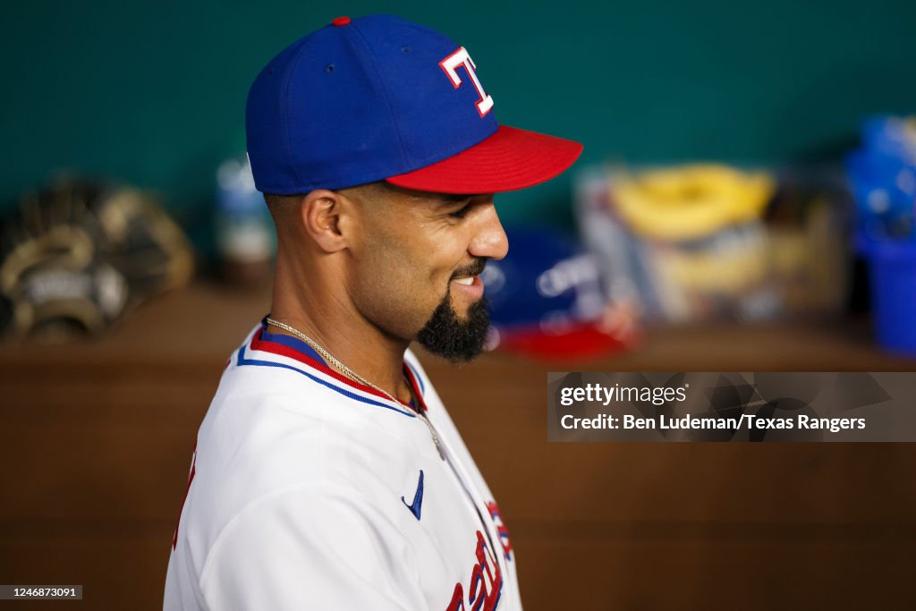 Marcus Ranger Marcus Semien of the Texas Rangers reacts prior to a game against the ...
