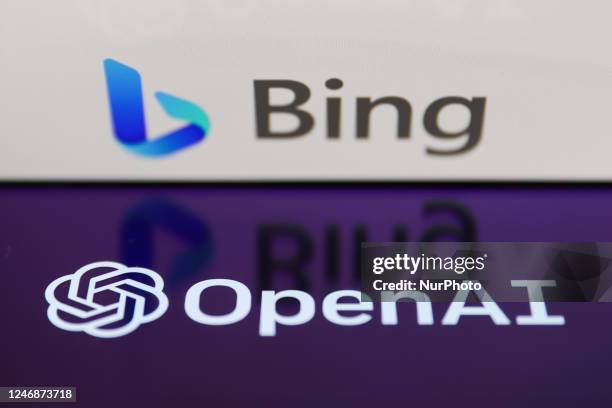 Bing logo displayed on a laptop screen and OpenAI logo displayed on a phone screen are seen in this illustration photo taken in Krakow, Poland on...