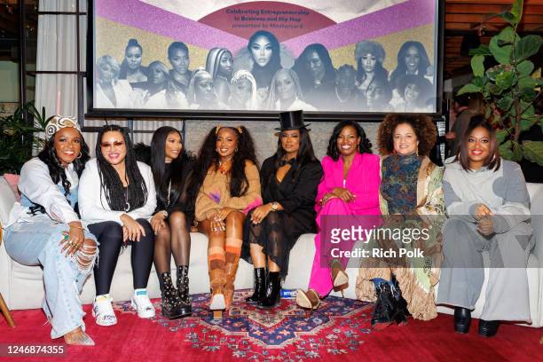Moderator Gia Peppers, Salt-N-Pepa, Baby Tate, Heather Lowery, Latoya Bennett-Johnson, Bridgid Coulter Cheadle and Rapsody on stage at Mastercard...