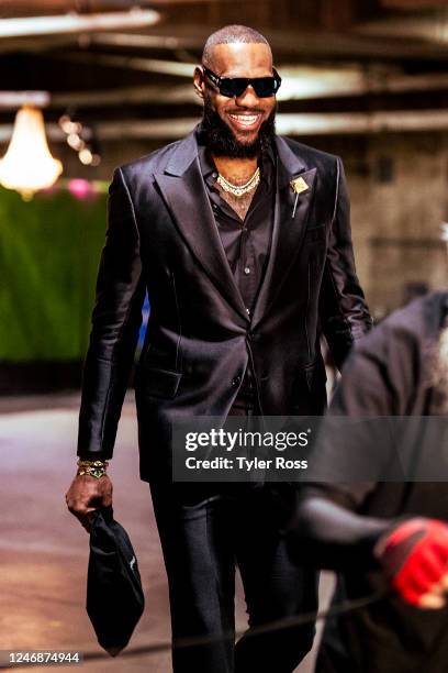 LeBron James of the Los Angeles Lakers arrives to the arena before the game against the Oklahoma City Thunder on February 7, 2023 at Crypto.Com Arena...