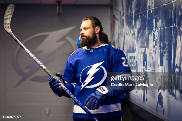 Zach Bogosian of the Tampa Bay Lightning gets ready for the game against the San Jose Sharks at Amalie Arena on January 7, 2023 in Tampa, Florida.