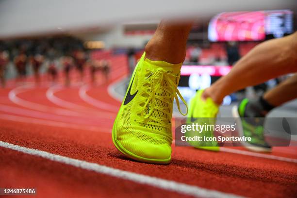 Close up view of a Nike track spike on the track during the New Balance Indoor Grand Prix on February 4 at the TRACK at new balance in Boston, MA.