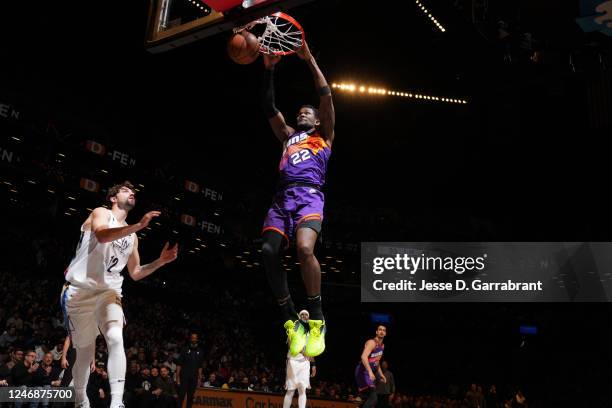 Deandre Ayton of the Phoenix Suns dunks the ball during the game against the Brooklyn Nets on February 7, 2023 at Barclays Center in Brooklyn, New...