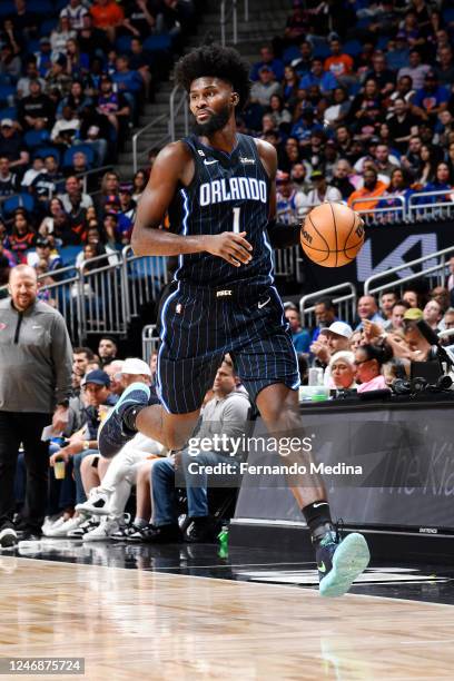 Jonathan Isaac of the Orlando Magic drives to the basket during the game against the New York Knicks on February 7, 2023 at Amway Center in Orlando,...