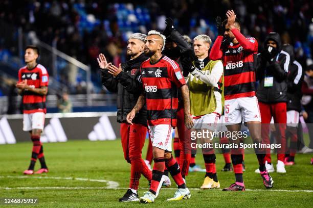 Arturo Vidal of Flamengo and teammates thanks supporters for standing during the FIFA Club World Cup Morocco 2022 Semi Final match between Flamengo v...