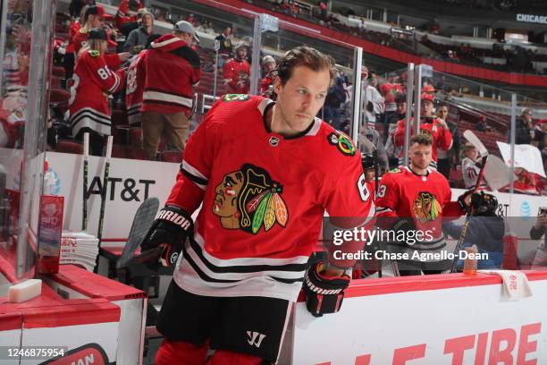 Jake McCabe of the Chicago Blackhawks goes out to the ice for warm-ups prior to the game against the Anaheim Ducks at United Center on February 07,...
