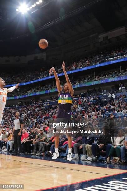 Trey Murphy III of the New Orleans Pelicans shoots the ball during the game against the Atlanta Hawks on February 7, 2023 at the Smoothie King Center...