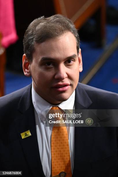 Representative George Santos stands in the House Chamber of the US Capitol in Washington, DC, on February 7 ahead of US President Joe Biden's State...