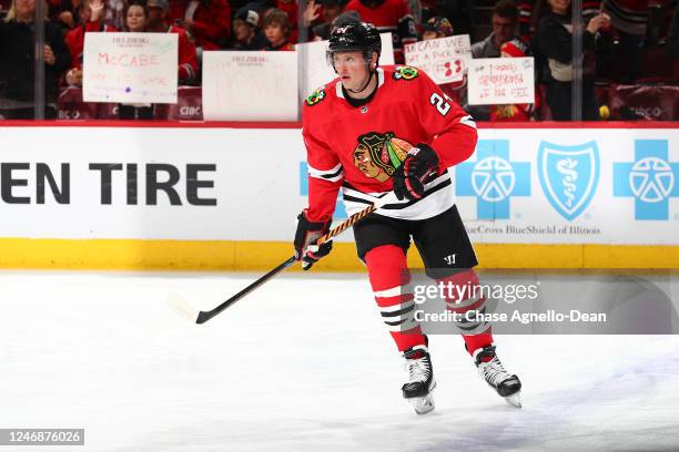 Sam Lafferty of the Chicago Blackhawks warms up prior to the game against the Anaheim Ducks at United Center on February 07, 2023 in Chicago,...