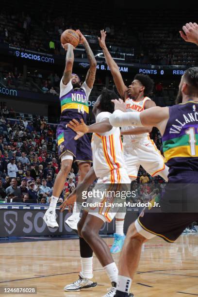 Brandon Ingram of the New Orleans Pelicans shoots the ball during the game against the Atlanta Hawks on February 7, 2023 at the Smoothie King Center...