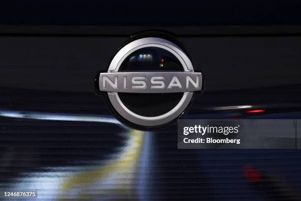 Nissan Motor Co. Badge on a vehicle at a Nissan dealership in Yokohama, Japan, on Tuesday, Feb. 7, 2023. Nissan is scheduled to release its...