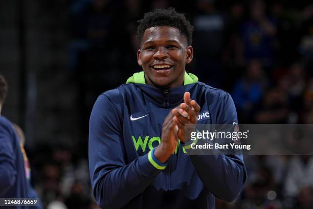 Anthony Edwards of the Minnesota Timberwolves smiles prior to the game against the Denver Nuggets on February 7, 2023 at the Ball Arena in Denver,...