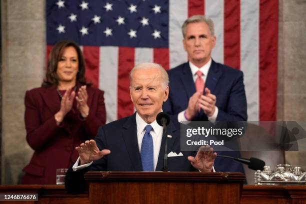 President Joe Biden delivers the State of the Union address to a joint session of Congress as Vice President Kamala Harris and House Speaker Kevin...