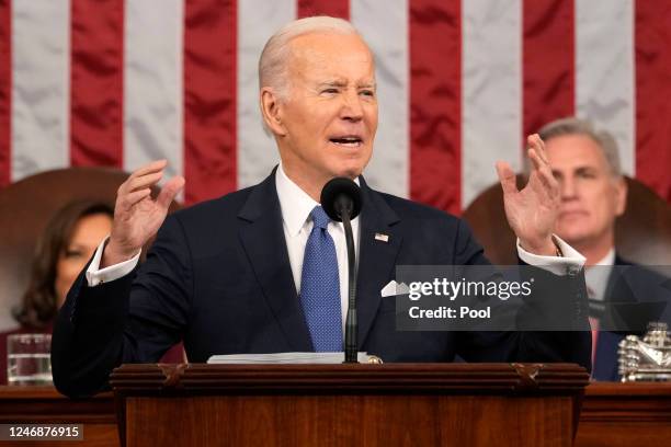 President Joe Biden delivers the State of the Union address to a joint session of Congress on February 7, 2023 in the House Chamber of the U.S....
