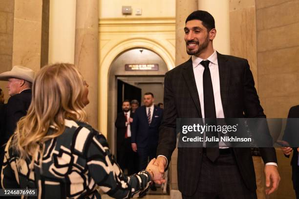 Former NBA player Enes Kanter Freedom greets people ahead of the State of the Union address in the U.S. Capitol building on February 7, 2023 in...