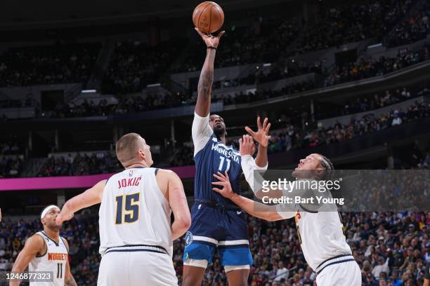 Naz Reid of the Minnesota Timberwolves shoots the ball during the game against the Denver Nuggets on February 7, 2023 at the Ball Arena in Denver,...
