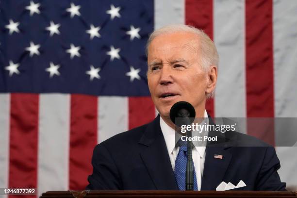 President Joe Biden delivers the State of the Union address to a joint session of Congress on February 7, 2023 in the House Chamber of the U.S....