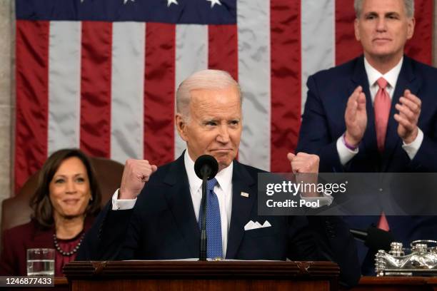 President Joe Biden delivers the State of the Union address to a joint session of Congress as Vice President Kamala Harris and House Speaker Kevin...