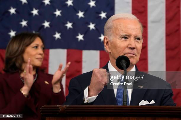 President Joe Biden delivers the State of the Union address to a joint session of Congress on February 7, 2023 in the House Chamber of the U.S....