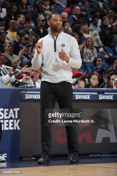 Head Coach Willie Green of the New Orleans Pelicans looks on during the game against the Atlanta Hawks on February 7, 2023 at the Smoothie King...