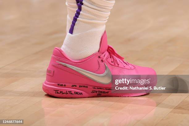 The sneakers worn by LeBron James of the Los Angeles Lakers during the game against the Oklahoma City Thunder on February 7, 2023 at Crypto.Com Arena...