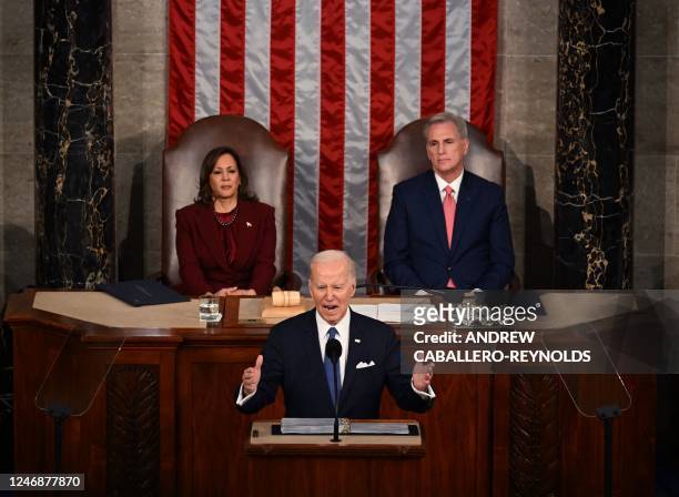 Vice President Kamala Harris and US Speaker of the House Kevin McCarthy listen as US President Joe Biden delivers the State of the Union address in...