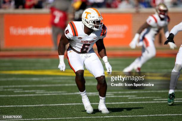 American defensive lineman Byron Young of Tennessee during the Reese's Senior Bowl on February 4, 2023 at Hancock Whitney Stadium in Mobile, Alabama.