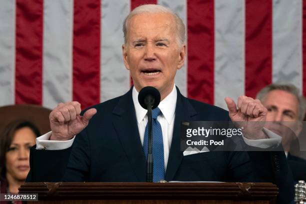 President Joe Biden delivers the State of the Union address to a joint session of Congress as Vice President Kamala Harris and House Speaker Kevin...