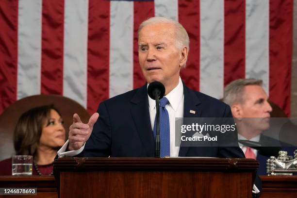 President Joe Biden delivers the State of the Union address to a joint session of Congress as Vice President Kamala Harris and House Speaker Kevin...