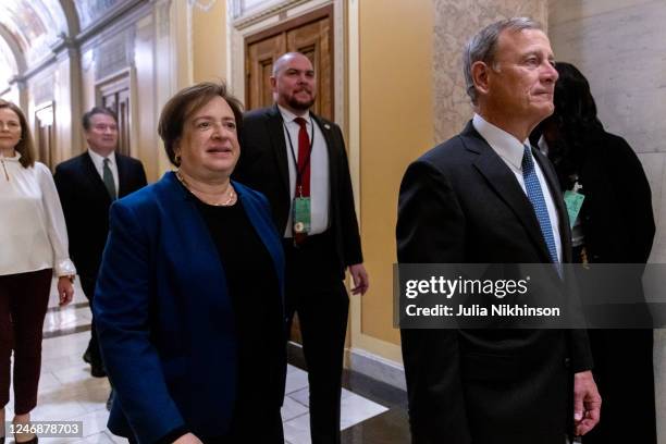 Supreme Court Justice Chief Justice John Robert and Justices Elena Kagan, Brett Kavanaugh and Amy Coney Barrett depart after the State of the Union...