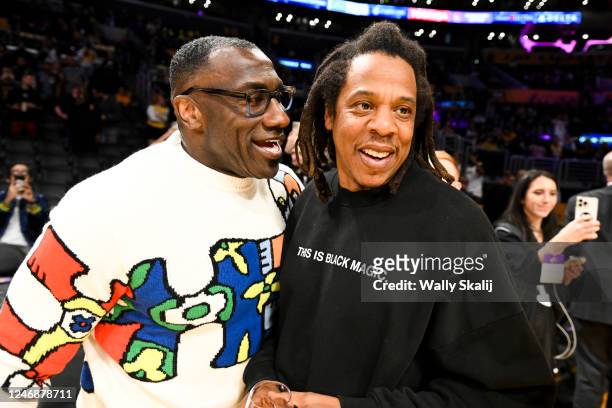 Shannon Sharpe, left, and Jay Z talk before the game between the Los Angeles Lakers and the Oklahoma City Thunder at Crypto.com Arena on Tuesday,...