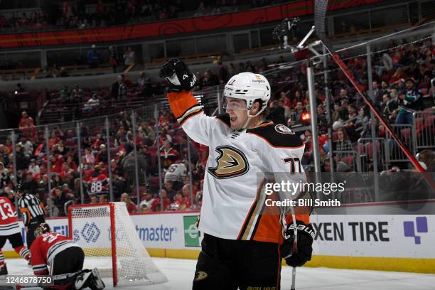 Frank Vatrano of the Anaheim Ducks reacts after scoring the game-winning goal in overtime against the Chicago Blackhawks at United Center on February...