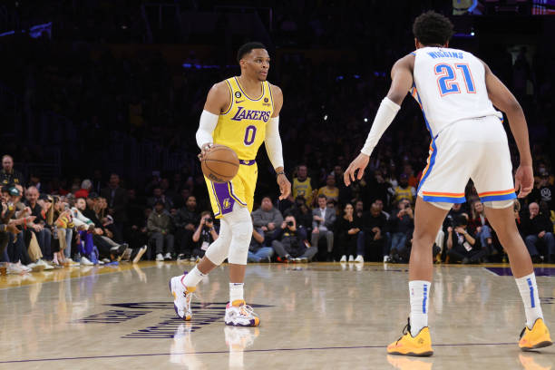 Russell Westbrook of the Los Angeles Lakers dribbles the ball during the game against the Oklahoma City Thunder on February 7, 2023 at Crypto.Com...