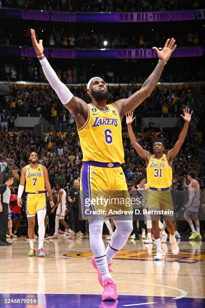 LeBron James of the Los Angeles Lakers celebrates after breaking Kareem Abdul-Jabbars all time scoring record of 38,388 points during the game...