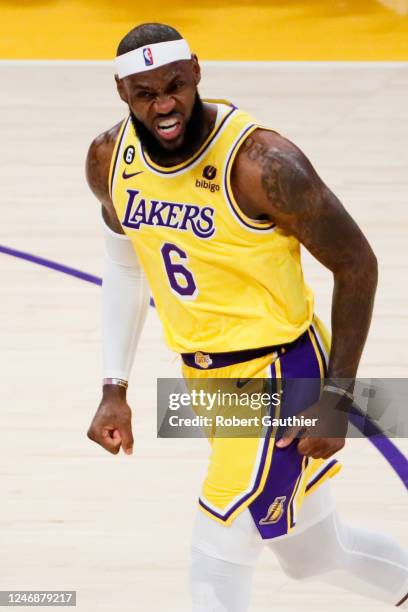 Los Angeles Lakers forward LeBron James reacts after a three-point shot during the third quarter against the Oklahoma City Thunder at Crypto.com...