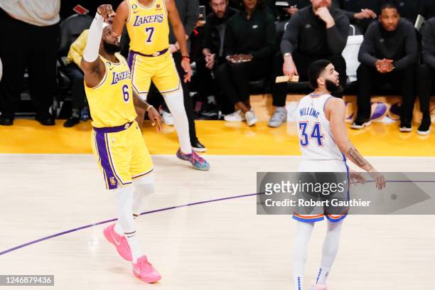 Los Angeles Lakers forward LeBron James watches his shot to become the all-time NBA scoring leader, passing Kareem Abdul-Jabarr at 38388 points...