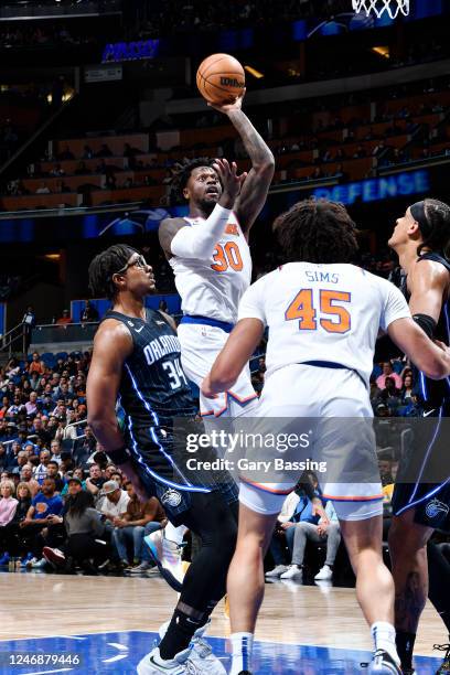 Julius Randle of the New York Knicks drives to the basket during the game against the Orlando Magic on February 7, 2023 at Amway Center in Orlando,...