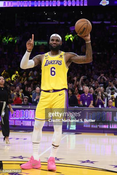 LeBron James of the Los Angeles Lakers poses for a photo after breaking Kareem Abdul-Jabbars, all time scoring record of 38,387 points during the...