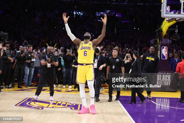 LeBron James of the Los Angeles Lakers celebrates after breaking Kareem Abdul-Jabbars, all time scoring record of 38,387 points during the game...