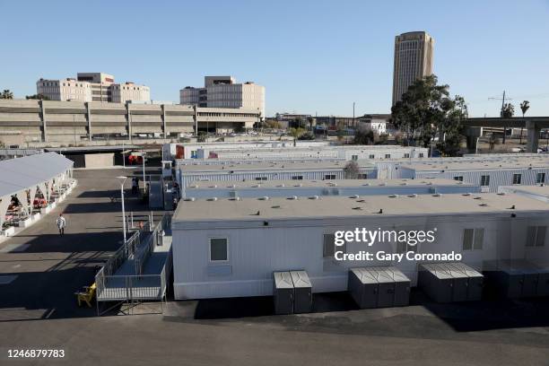 The Hilda Solis Care First Village, 232 interim housing rooms built from shipping containers and prefabricated modular units in downtown on Tuesday,...